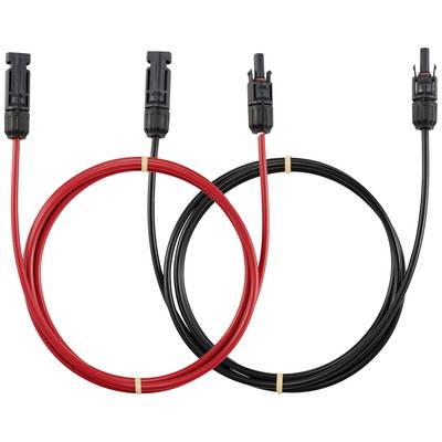 Two solar cables, one red and one black, with connectors at the ends, lie in circular loops.