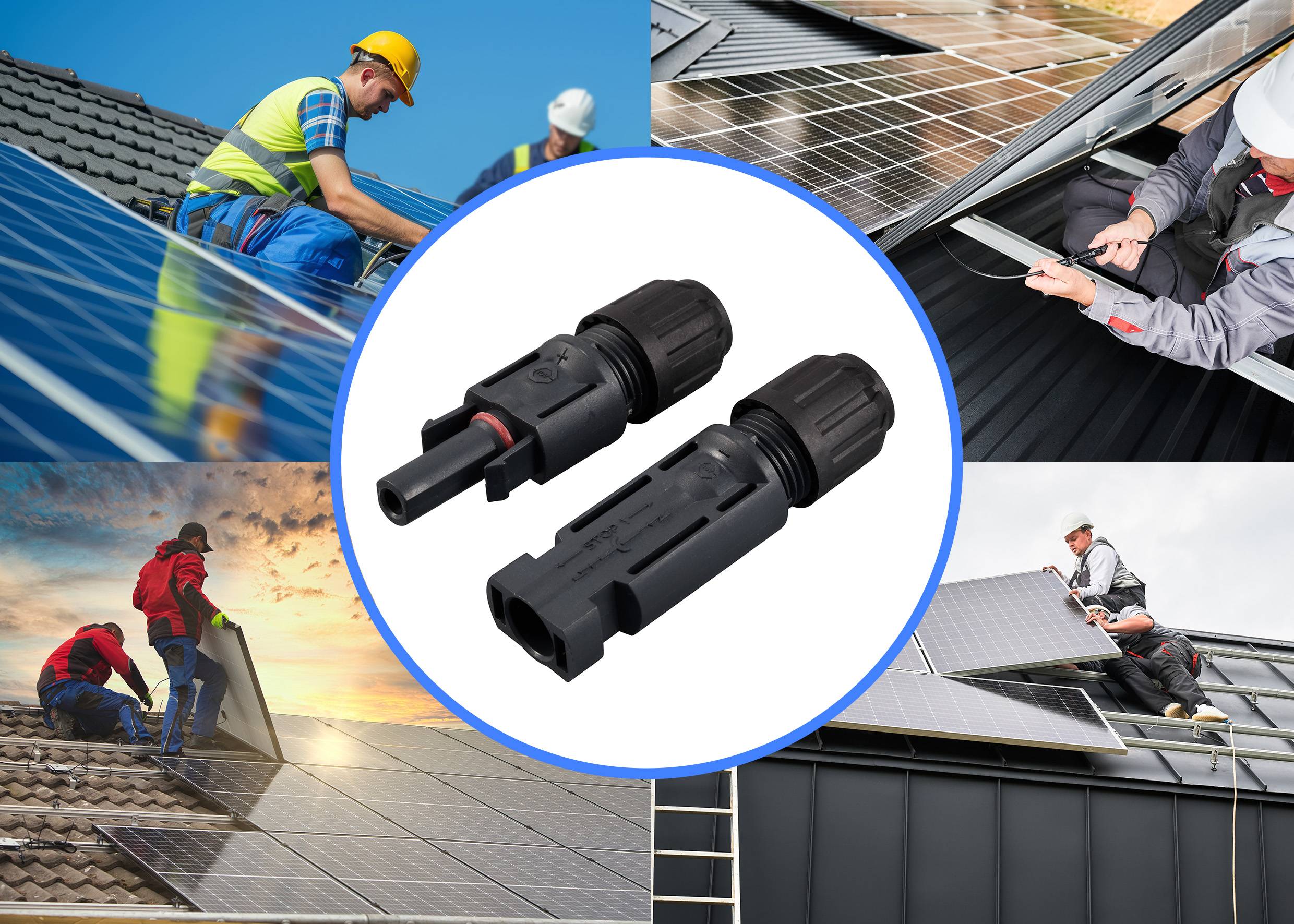 A collage depicts workers installing solar panels on rooftops. Black connecting components for solar panels are at the centre of the image.