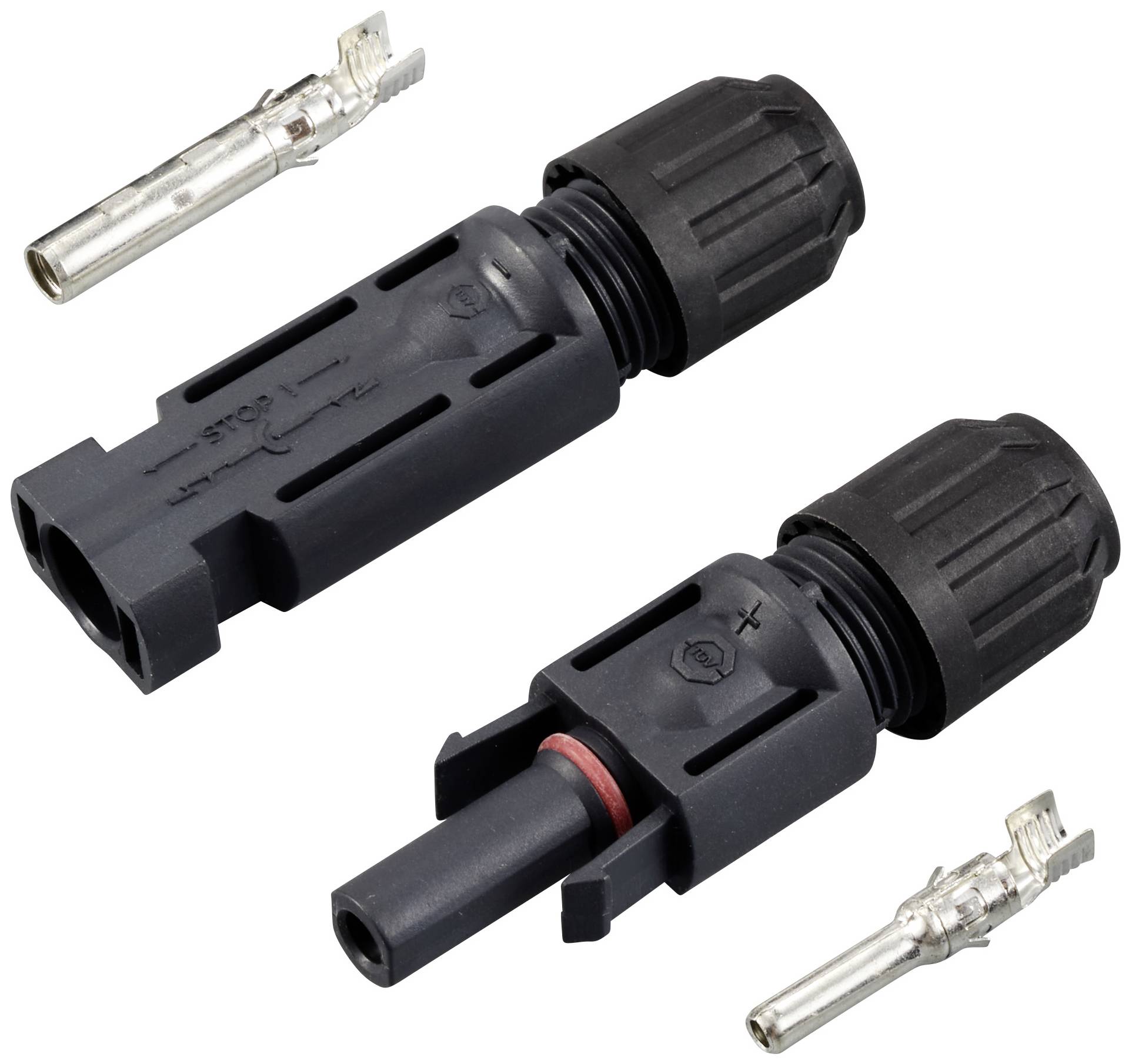 Black plug connectors with cable connections, consisting of a plug and a socket, for electrical connections.