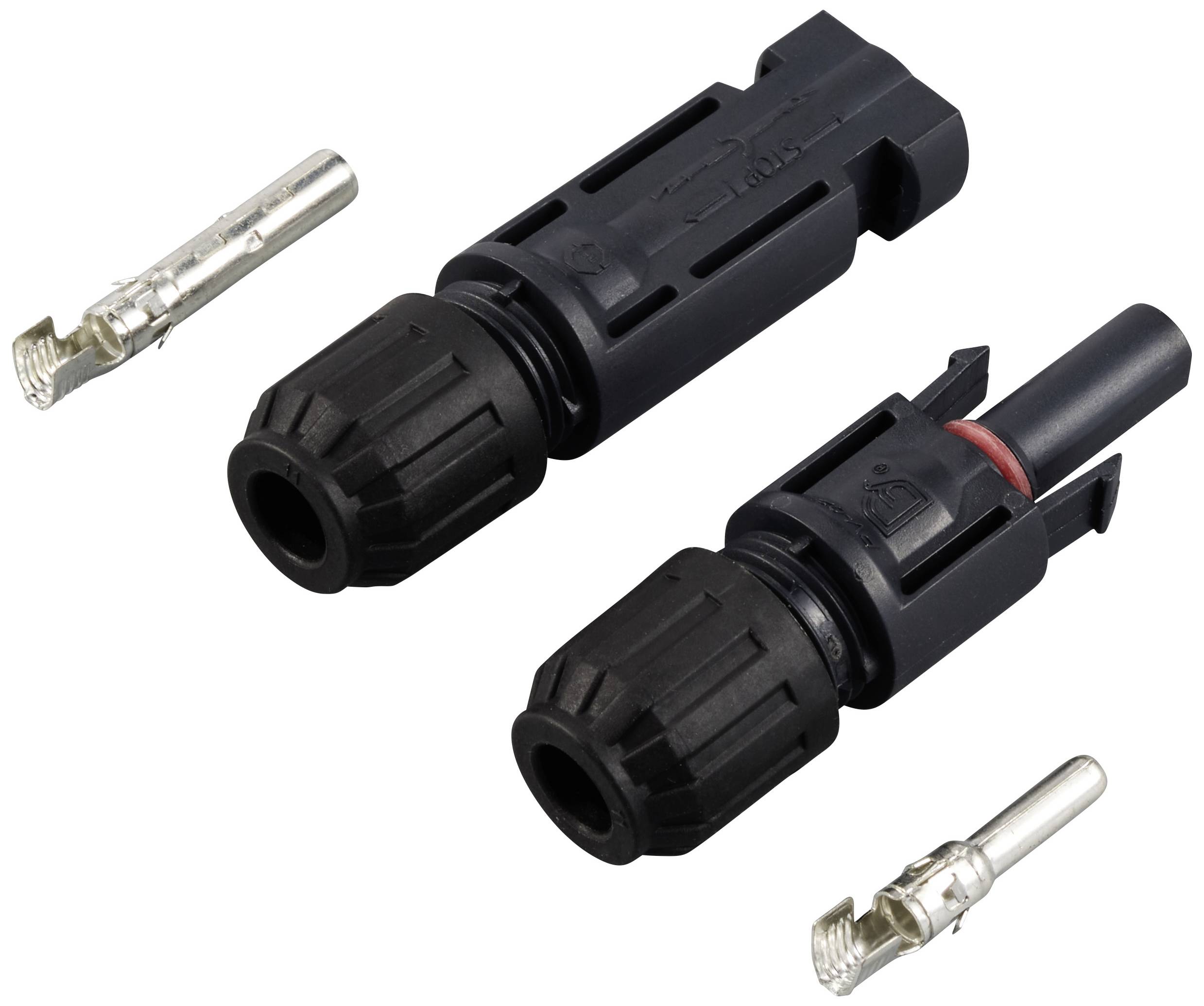 A pair of black solar panel connectors with plastic housings, each with a metallic contact pin beside it.