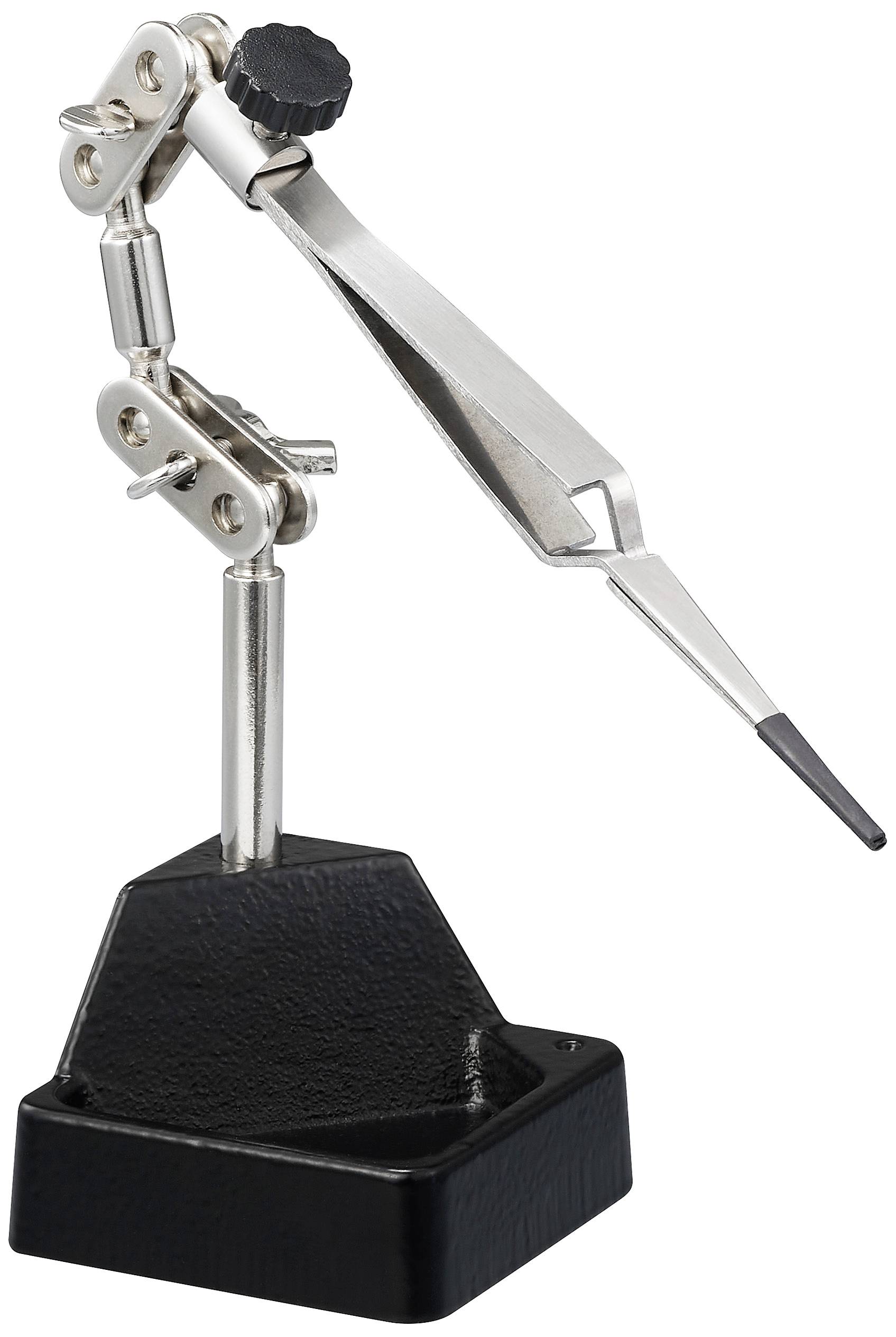 An adjustable holder with a crocodile clip on a black base, commonly used for soldering work to secure small components.