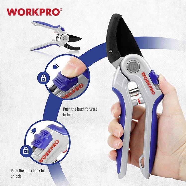 A hand holds a WORKPRO garden secateurs. Three illustrations show details of the locking mechanism: sliding forward to lock, sliding back to unlock.