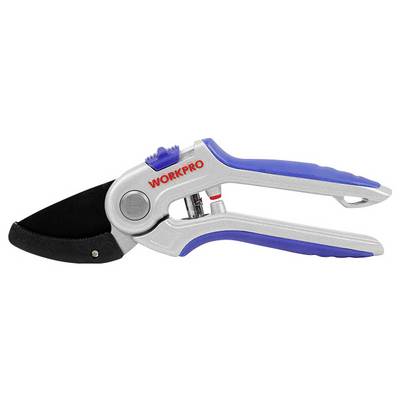 Garden secateurs with a grey-blue handle and 'WORKPRO' in red lettering, suitable for pruning plants.