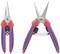 Two garden secateurs with blue and red handles, one open and one closed, display the cutting blades and spring mechanism.