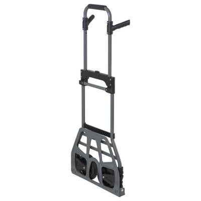 Grey, folding hand trolley with black handle, large wheels and metal frame, suitable for transporting heavy loads.