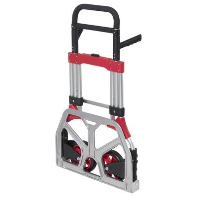Folding transport trolley with a red and black frame, silver handle, and two large wheels, perfect for transporting loads.