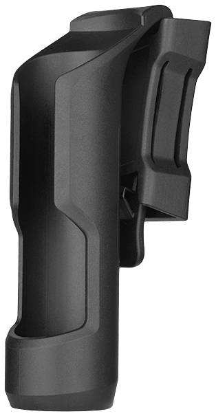 Black plastic holster with rounded design and side clip, usable for attaching a portable device.