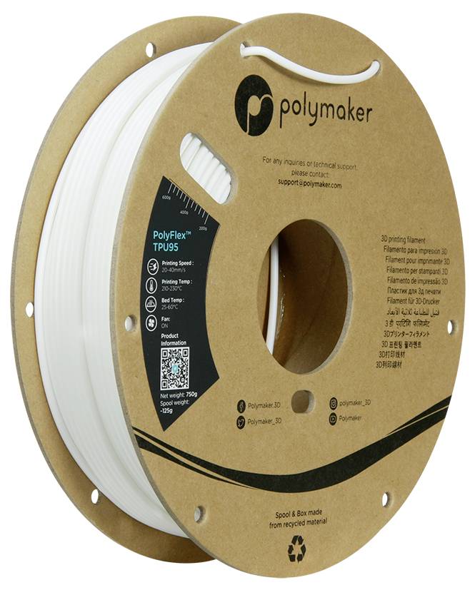 A roll of white 3D printer filament called 'PolyFlex™ TPU95' by Polymaker, suitable for flexible prints.
