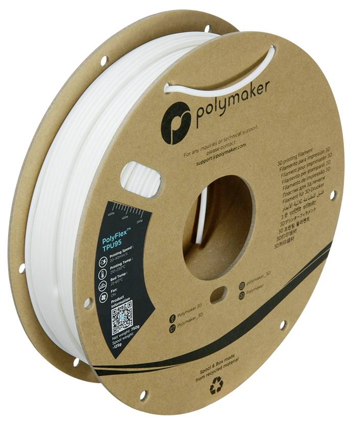 A spool of white 3D printer filament by Polymaker, type PolyFlex TPU95. The filament is elastic and suitable for flexible prints.