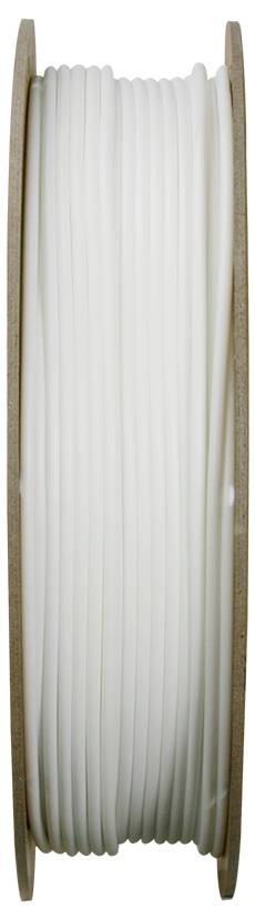 White plastic spool, viewed from the side, with tightly wound material. Commonly used for 3D printers or similar applications.