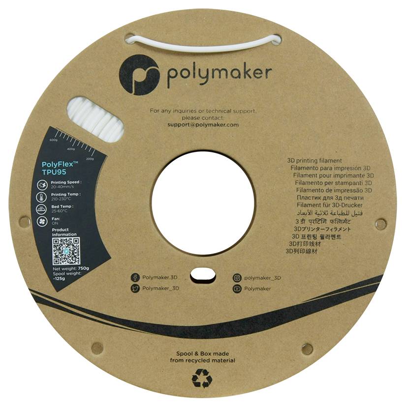 Round packaging for a 3D printer filament by 'Polymaker' made from recycled material. Contains product information and contact details.