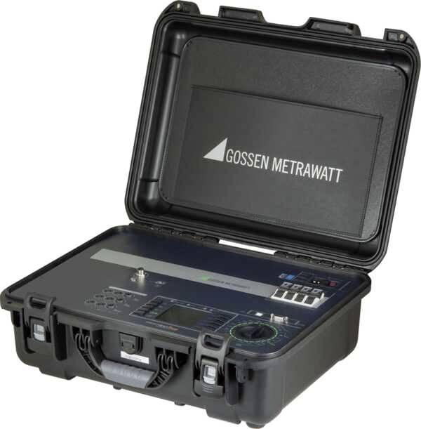 Portable testing device in a case, with the inscription 'GOSSEN METRAWATT' on the lid. Primarily for electrical measurement.