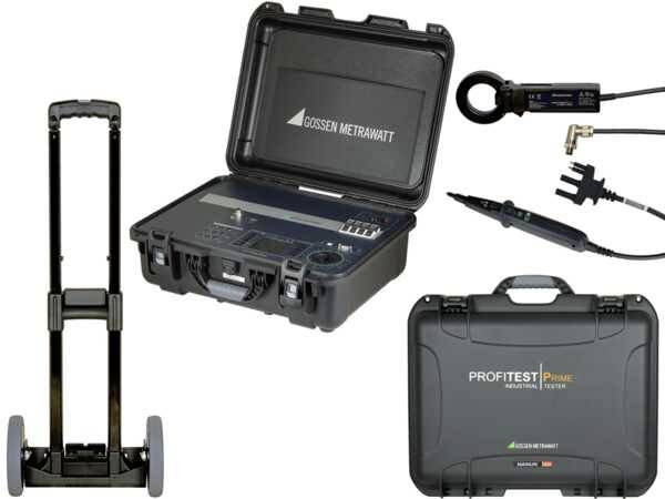 A mobile measuring case set with accessories for electrical testing, including a black trolley carrier for easy transportation.