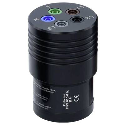 A black adapter plug with colour-coded terminals on top. Markings indicate protection class '415V AC CAT IV' and '32A'.