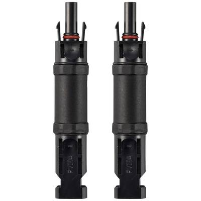 Two identical black connectors with a red sealing ring and plus and minus symbols on the top surface.