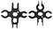 Two black plastic clips side by side, shaped like cogwheels. They have multiple apertures for fastening.