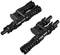 Two black solar connectors, suitable for photovoltaic systems. They are aligned parallel to each other and display technical details.