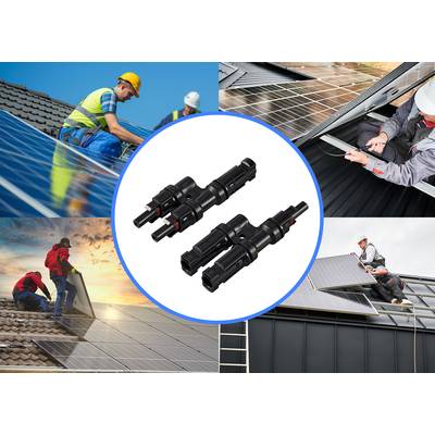 Workers are installing solar modules on roofs in various scenes. Two black plugs for solar installations are the focal point.