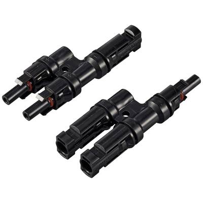Two black solar cable connectors with a red sealing ring, suitable for connecting solar panels.