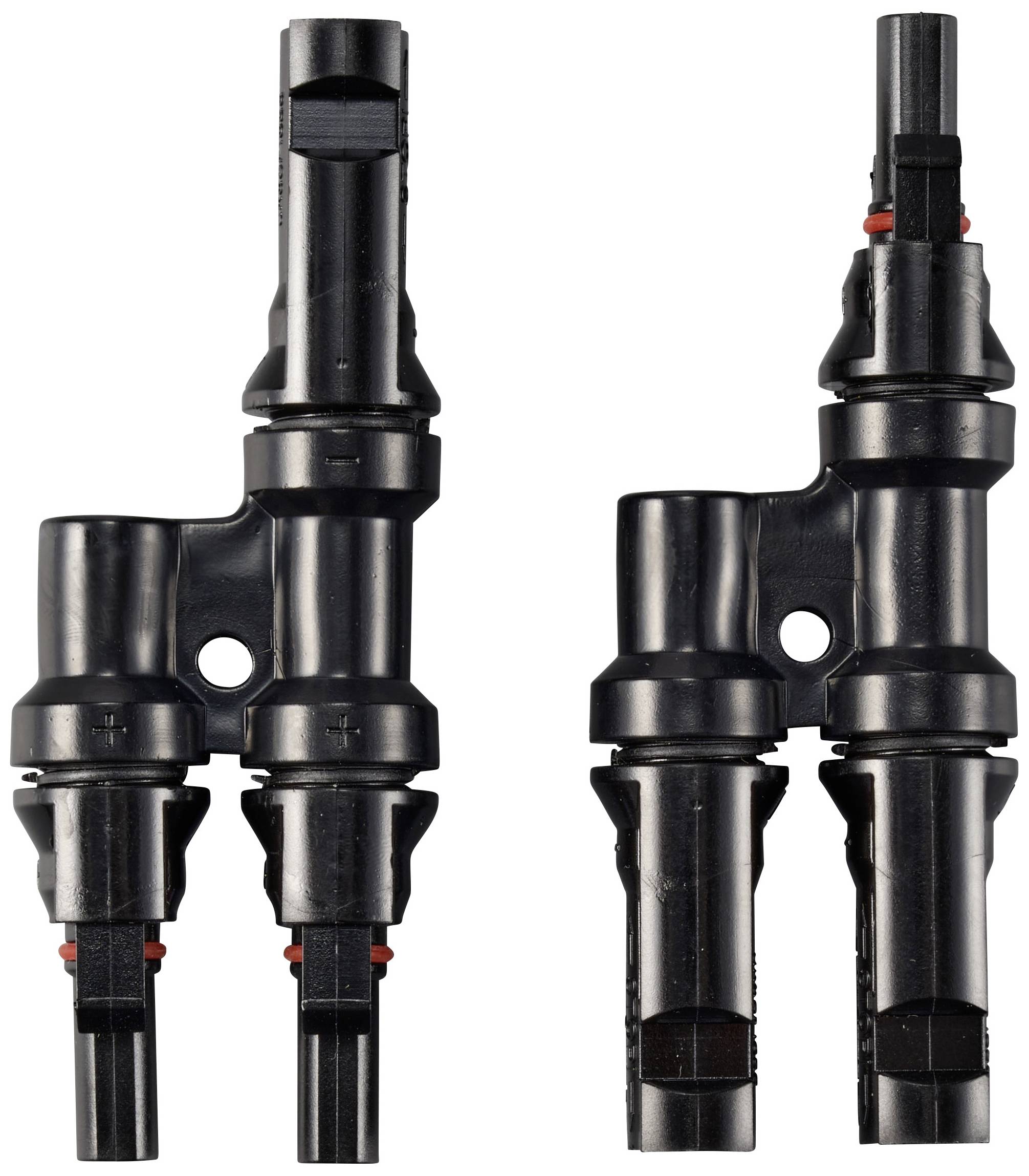 Two black connector plugs with red rings, vertically aligned, interlocking, suitable for electrical connections.
