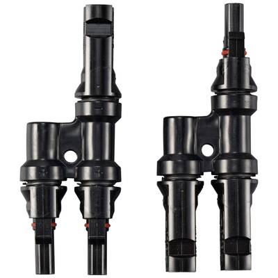Two black connector plugs with red rings, vertically aligned, interlocking, suitable for electrical connections.