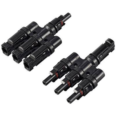 Two black solar panel connectors, each with three terminals. They are suitable for connecting solar modules in photovoltaic installations.