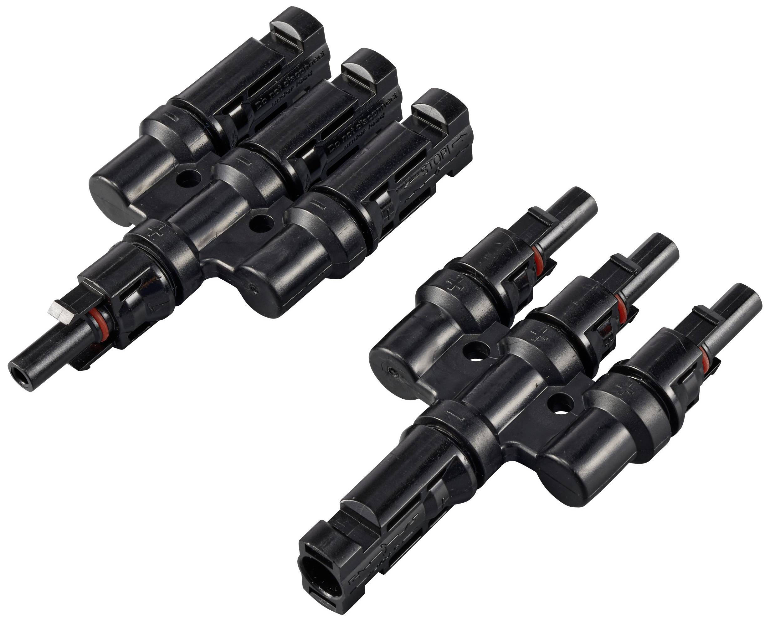 Black solar connectors; two adapters with two connections each, typically used for connecting solar panel cables.