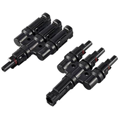 Black solar connectors; two adapters with two connections each, typically used for connecting solar panel cables.