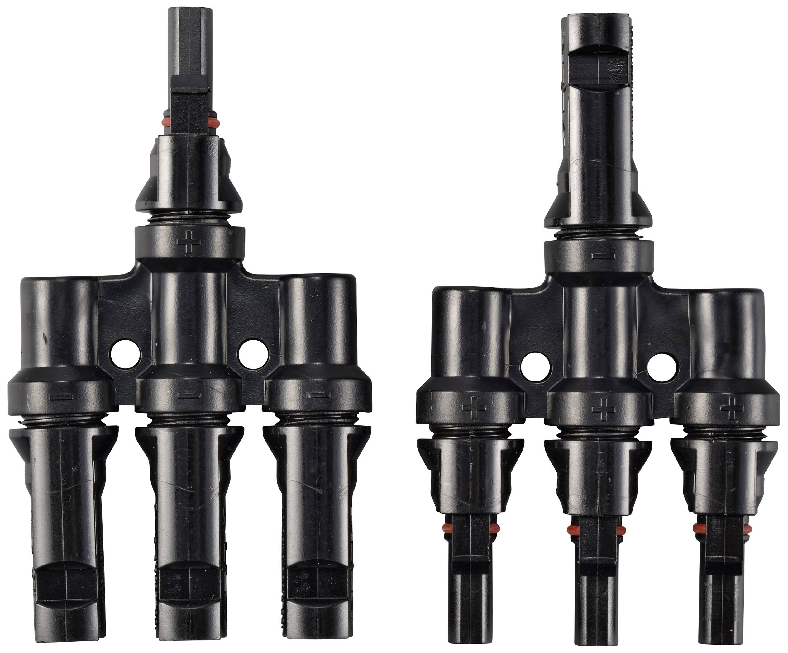 Two black solar cable connectors in T-shape for photovoltaic systems. Left: two connections to one terminal, right: three connections to one terminal.