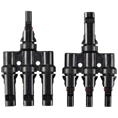 Two black solar cable connectors in T-shape for photovoltaic systems. Left: two connections to one terminal, right: three connections to one terminal.