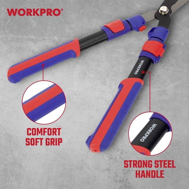 A red and blue pruning shears by WORKPRO with padded grips and strong steel handles. Text: 'Comfort Soft Grip', 'Strong Steel Handle'.