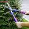 A person is trimming a bush with a WORKPRO hedge trimmer. The trimmer has red and blue handles. The weather is sunny.