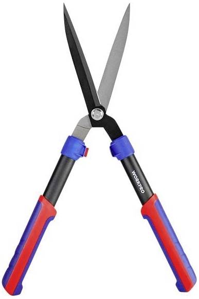 Garden shears with red and blue handles, black blades. Designed for cutting hedges and shrubs.
