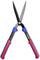 Garden shears with red and blue handles, black blades. Designed for cutting hedges and shrubs.