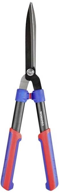 Hedge trimmer with red and blue handles, silver blades, vertically positioned. Garden tool for maintaining shrubs.