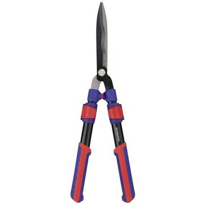 A red and blue hedge trimmer with black blades, used for cutting and shaping hedges and shrubs.