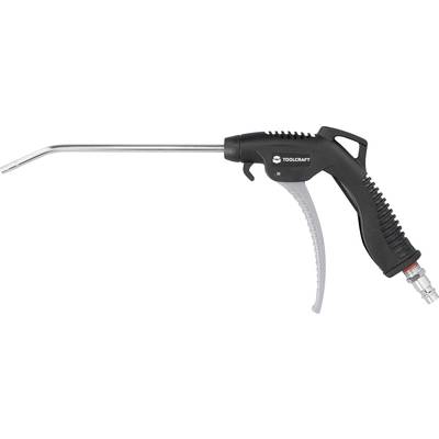 A black compressed air pistol with an ergonomic grip and long curved nozzle. Used for blowing away dust and dirt.