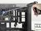A hand holds a compressed air spray and cleans the interior of an open computer case, removing dust from the components.