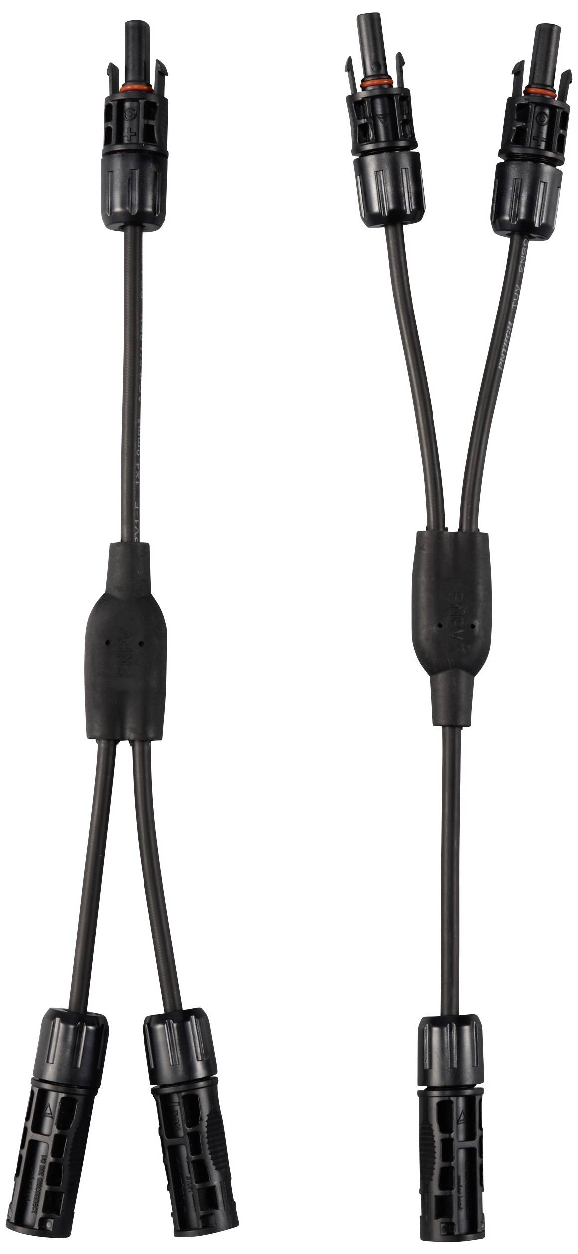 Two black solar panel connection cables with MC4 connectors, used for parallel current distribution.