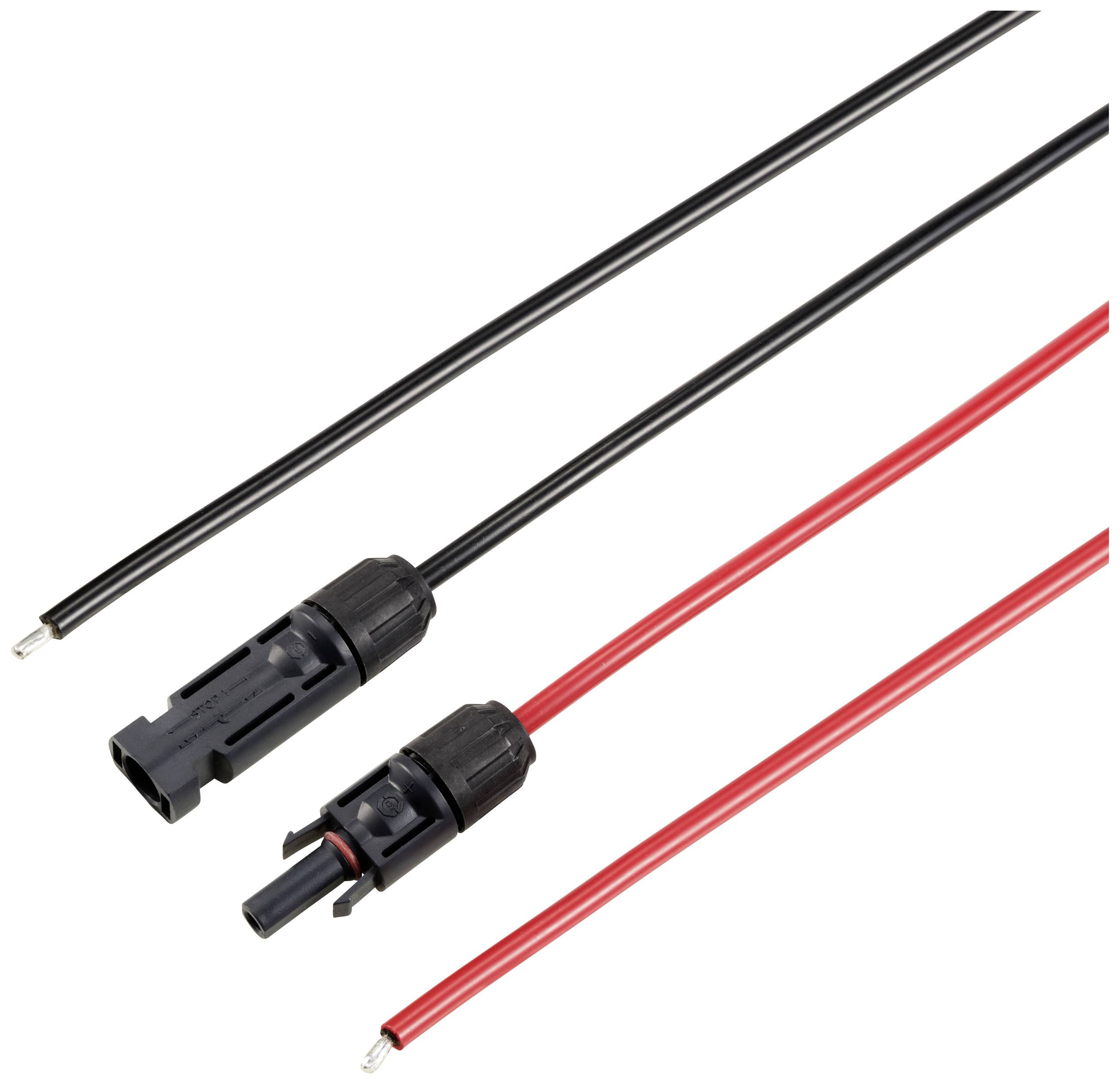 Two cables, one black and one red, with MC4 connectors. Used for connecting solar modules to conduct electricity.