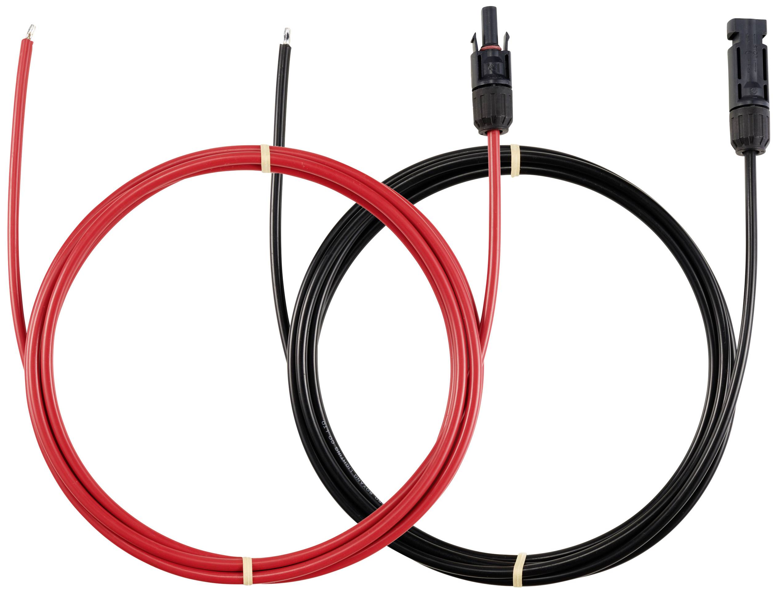 Two electrical cables, one red and one black, rolled up side by side. Both cables have connectors at one end.