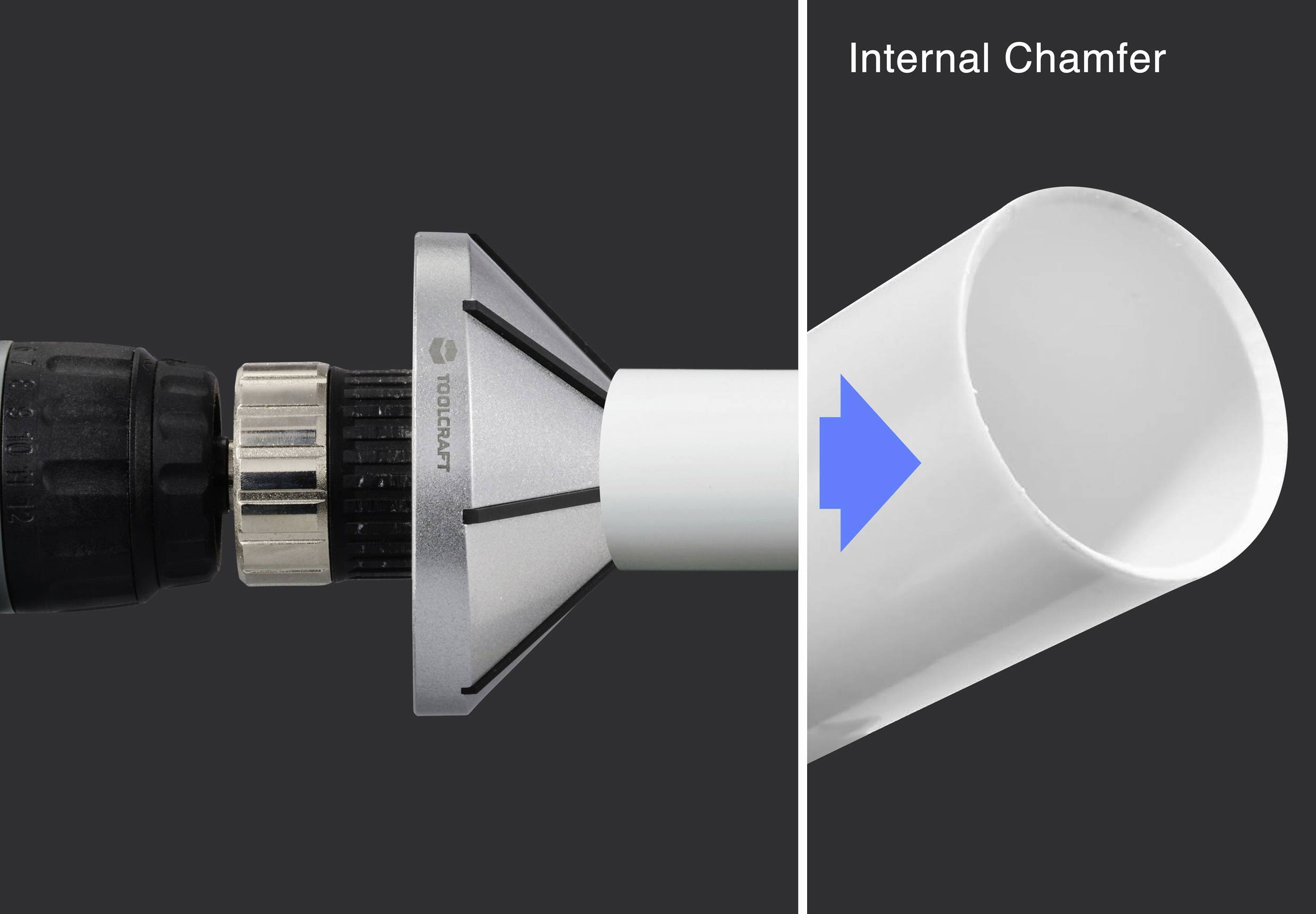 'Internal Chamfer': A tool attached to a drilling machine, which processes a plastic pipe to create an internal chamfer.