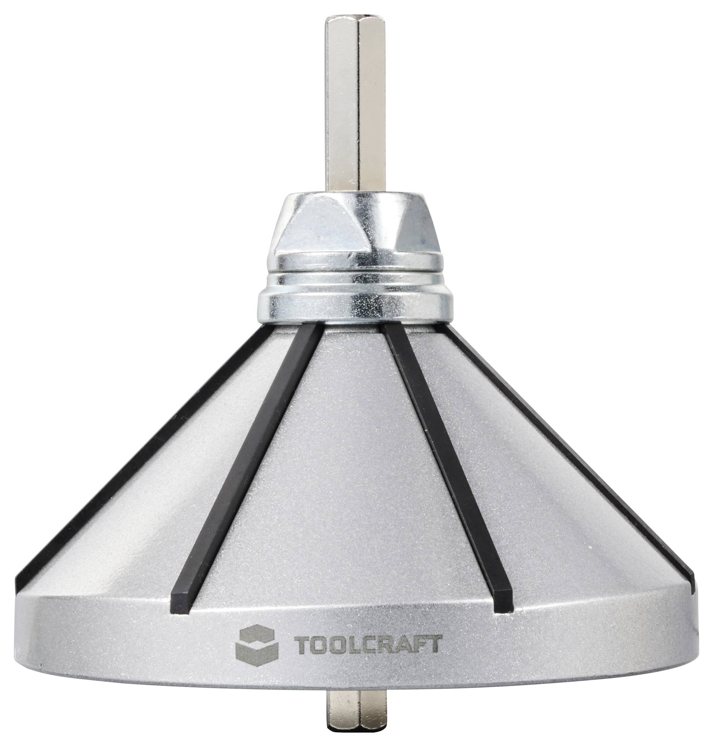 Tapered drill chuck in silver colour with black stripes, marked with 'TOOLCRAFT', for mechanical drilling machines.