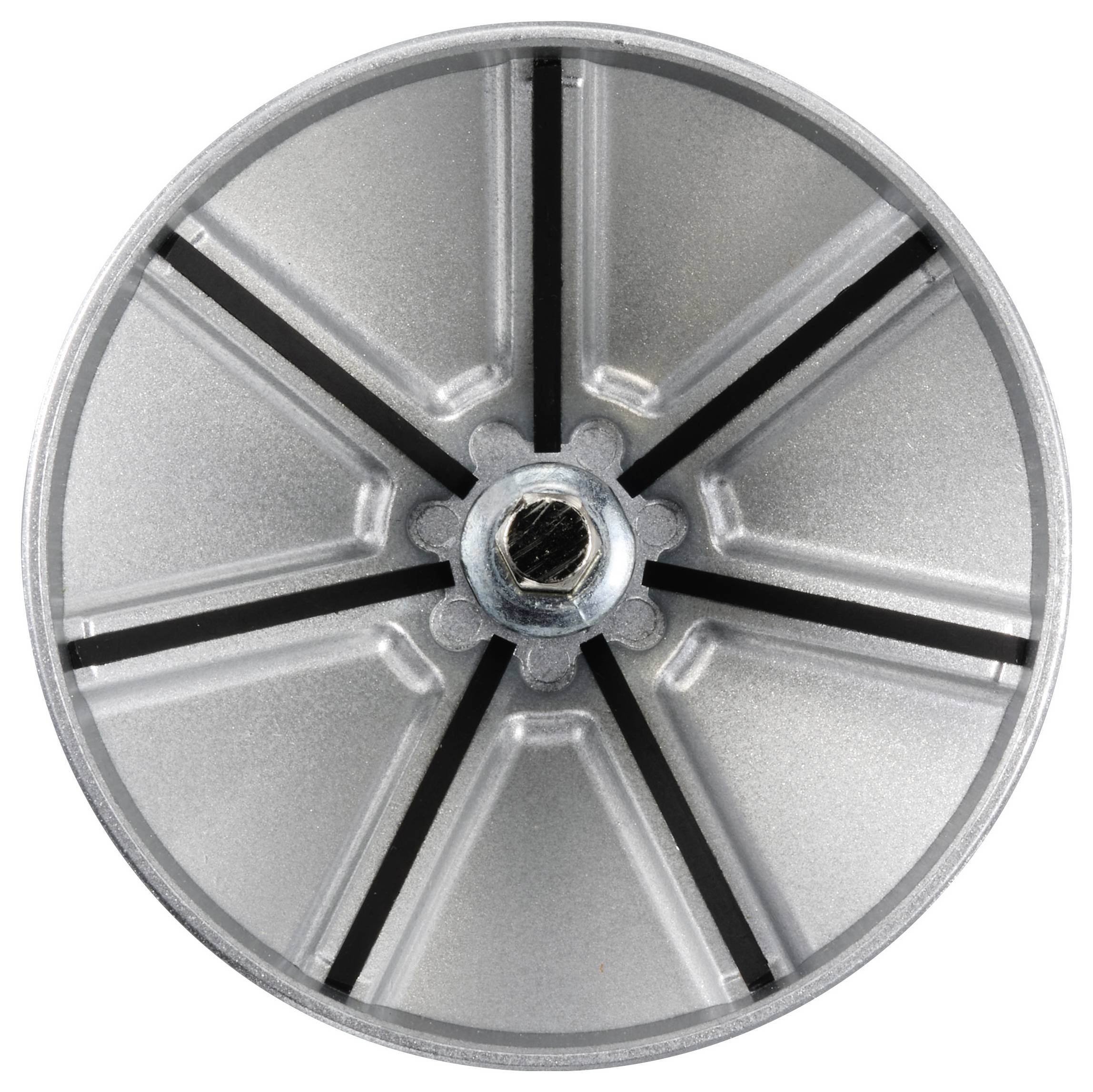 Metal disc with central screw, circular grooves and spoke pattern for mechanical applications.