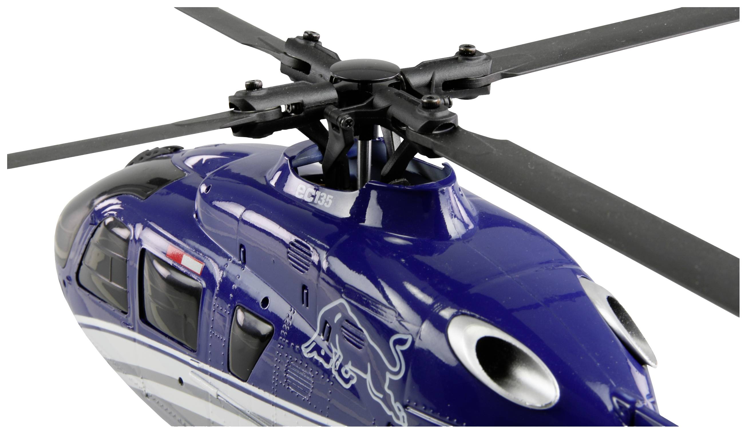 A blue and white model helicopter with a black rotor, photographed from the side.