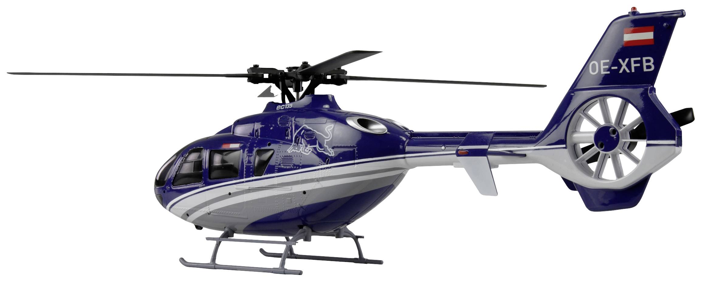 Helicopter in blue and white with markings and flag, side view.