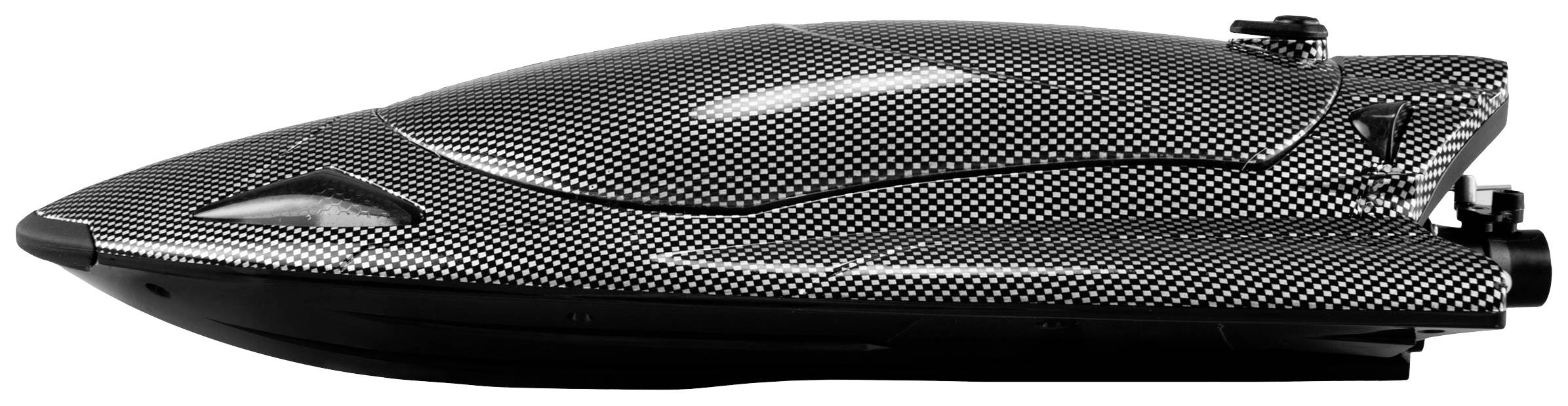 A sleek, black underwater scooter with a carbon-like surface, shown from the side view.