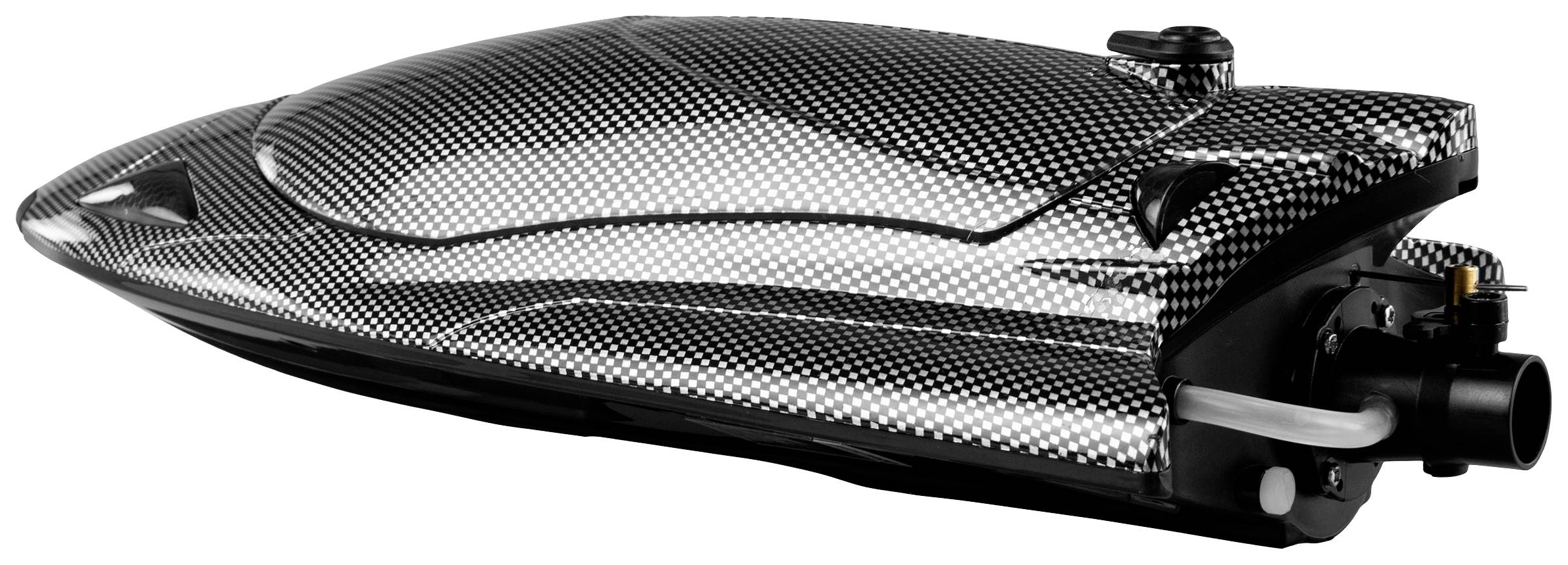 Black, streamlined Jetsurf board with motor and carbon fibre surface, pictured from the side against a blank background.