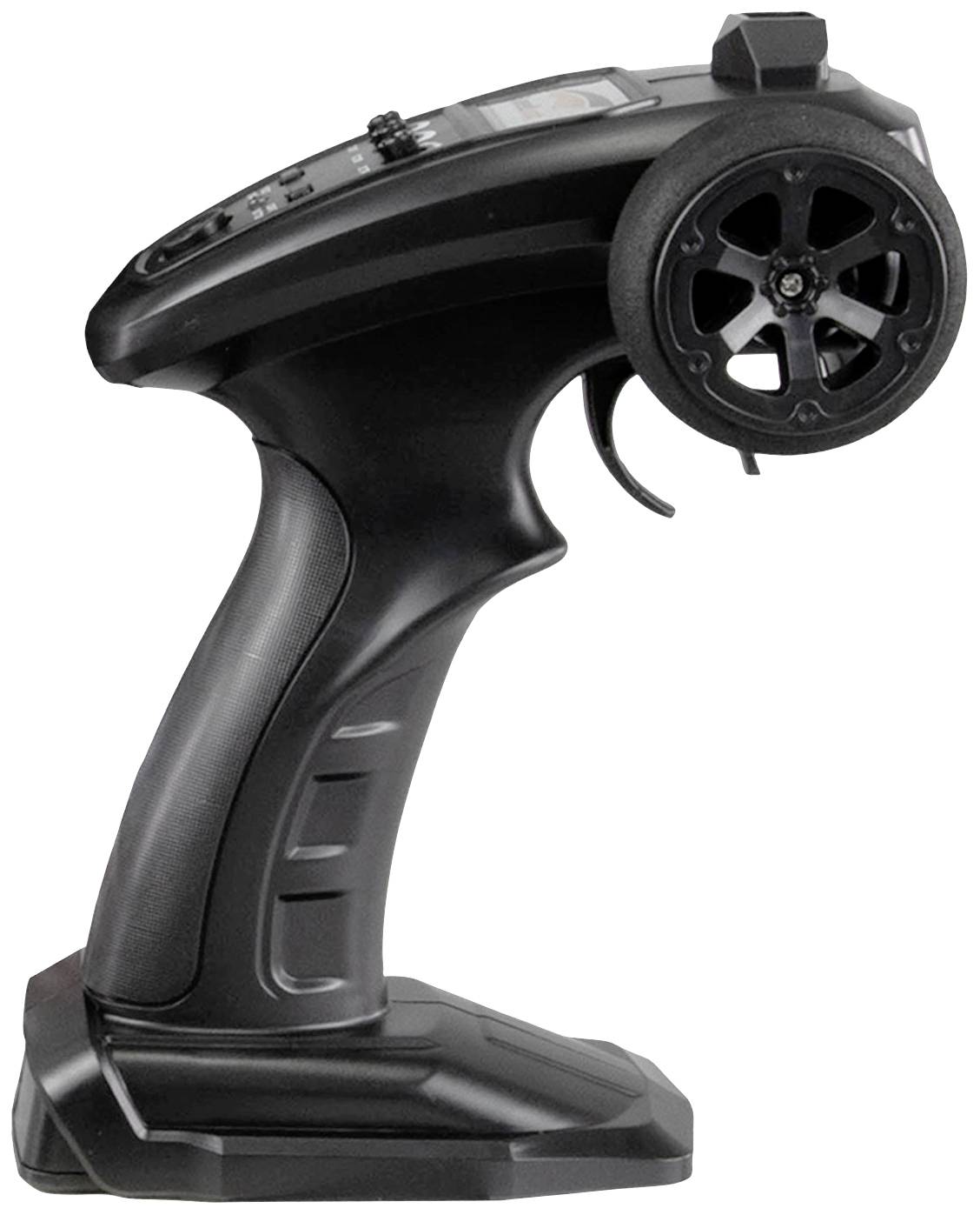 Remote control for a remote-controlled car with steering and speed control, black design, ergonomic handle.