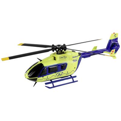 A model helicopter in yellow and blue with 'Lions Club' and 'Emergency Call 144' inscriptions, Swiss flag on the tail.